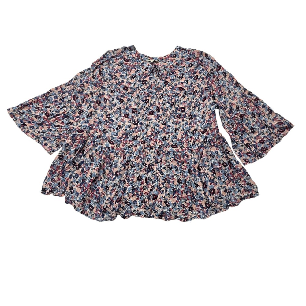 Lucky Brand Blouse Womens 2X Blue Pink Floral Peplum Bell Sleeve Boho Viscose
